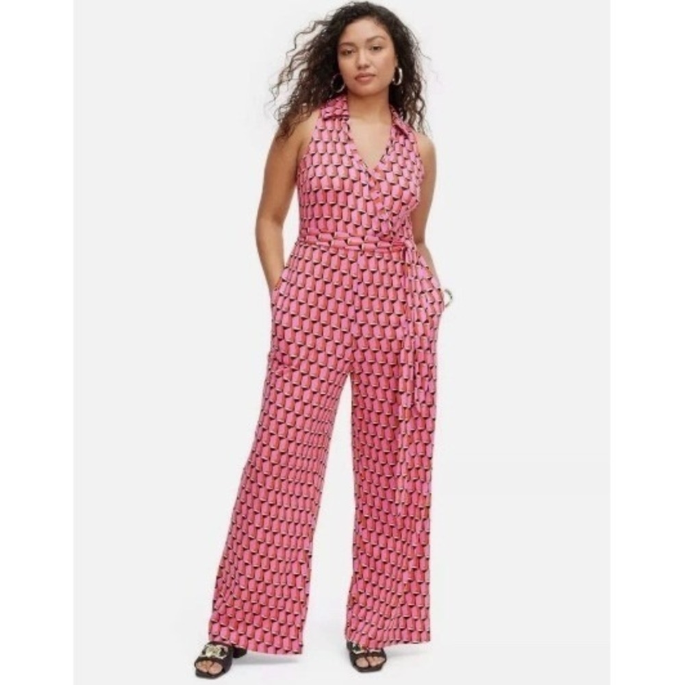 A‎ New Day Jumpsuit Womens XXL Pink Geometric Sleeveless Wide Leg Belted Wrap
